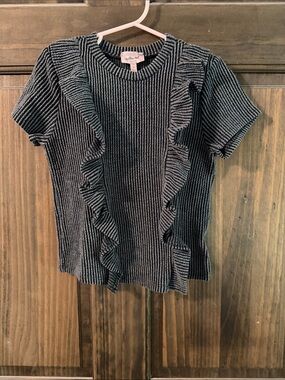 Allison Joy Black & White Ribbed Short Sleeve Ruffle Top